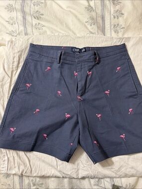 Chaps Navy Shorts with Pink Flamingo Embroidery